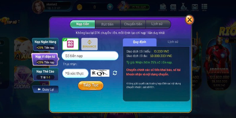 Nạp tiền Rio66 đơn giản chỉ với thao tác quét mã QR